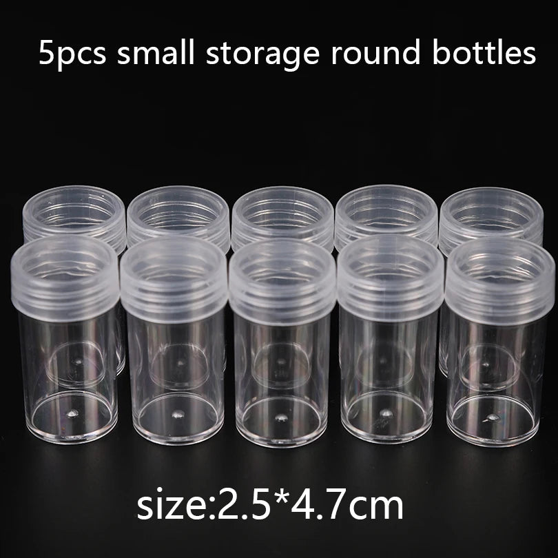 Five small clear plastic storage round bottles with a size of 2.5x4.7 cm