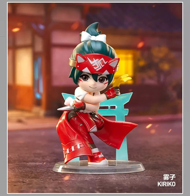 A collectible PVC figurine of a character with red and white armor and green hair, standing on a clear base.
