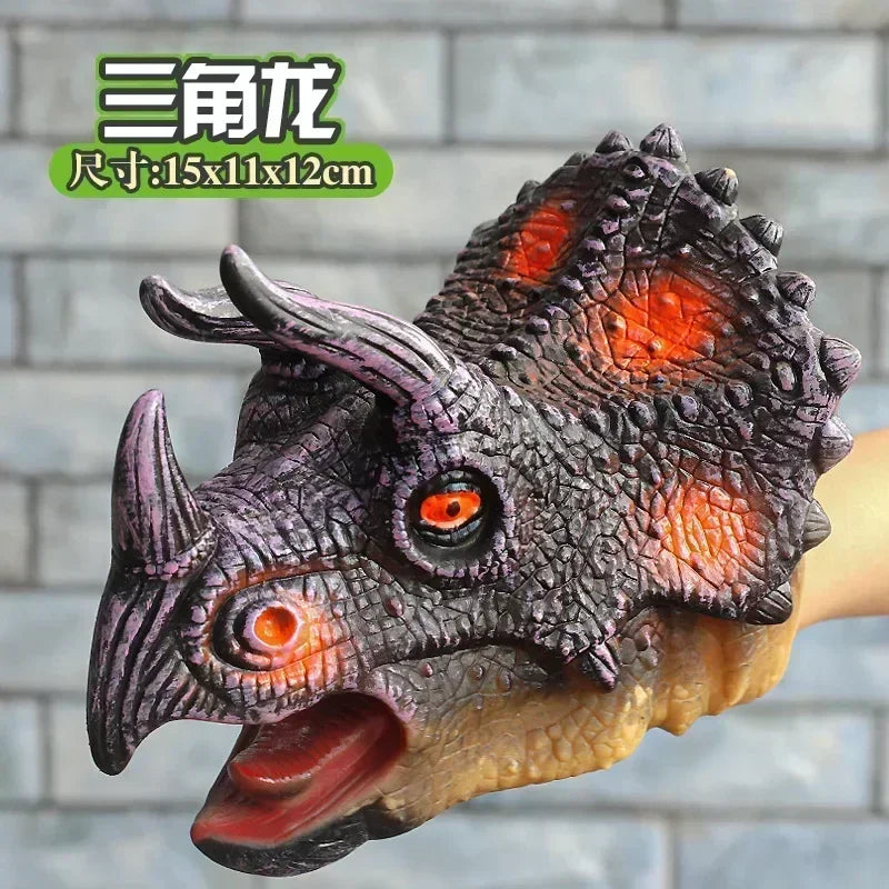 A realistic T-Rex dinosaur hand puppet with textured skin and orange eyes is shown against a brick background.