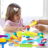 A collection of colorful dough tools for kids including an extruder, rolling pin, and various animal cutters.