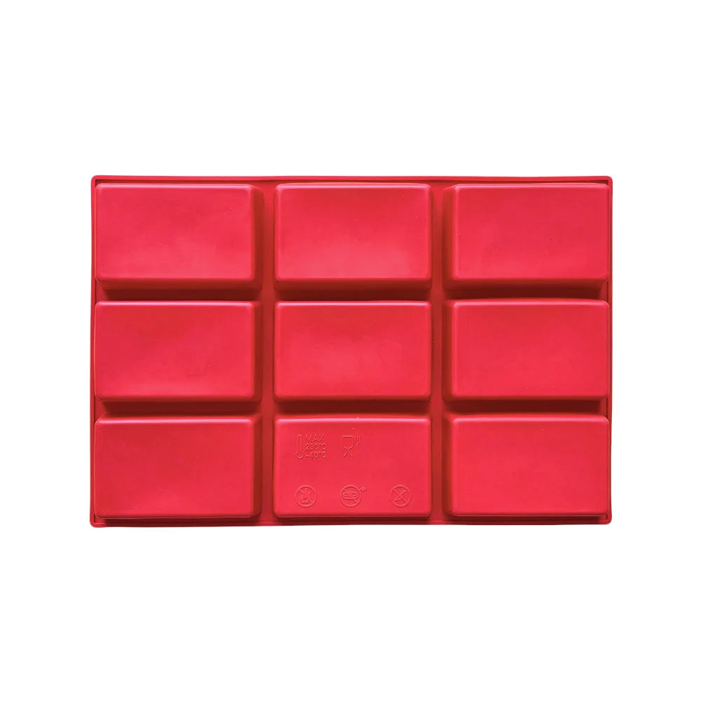 A red silicone mold with nine cavities for making soaps, candles, and crafts.