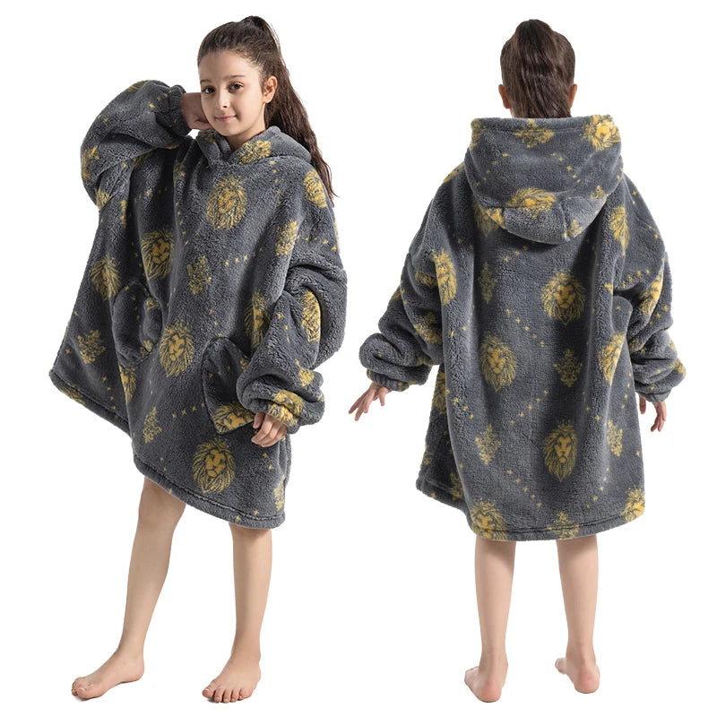 A gray fuzzy hoodie sweater with yellow floral patterns shown on a girl and a boy.