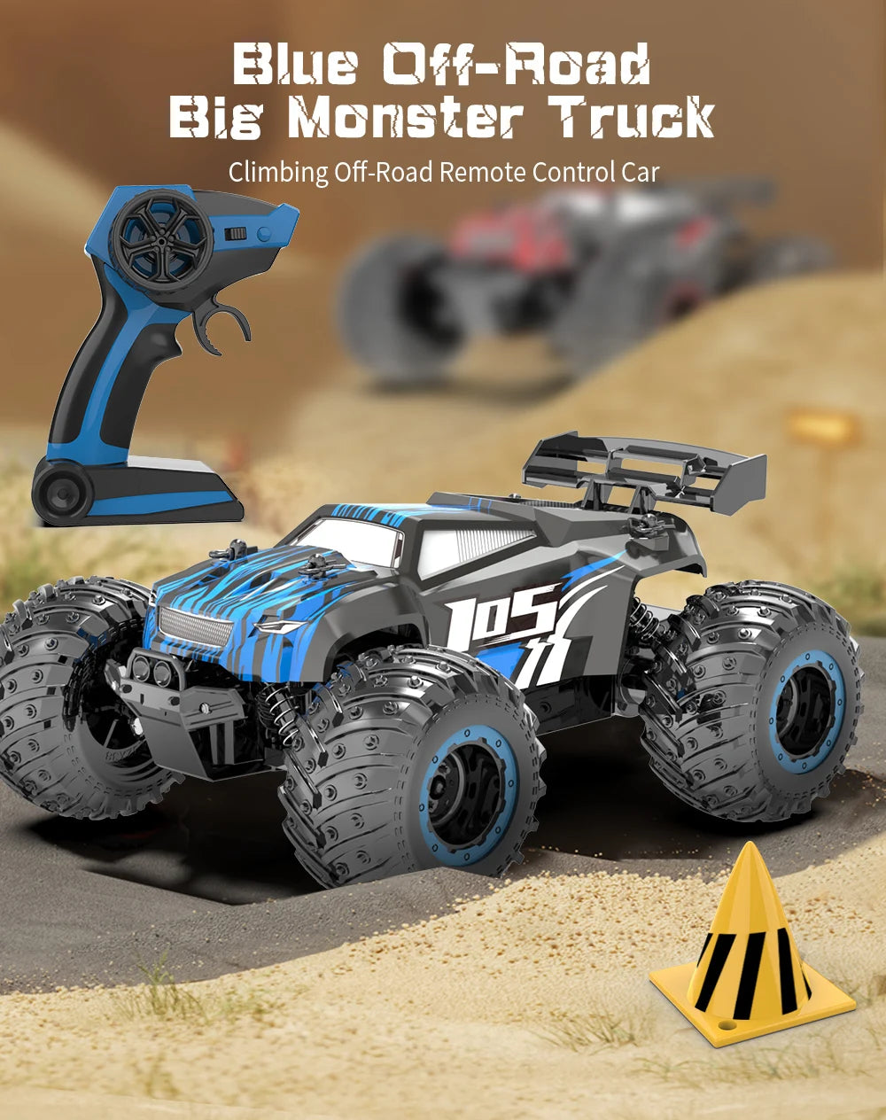Blue off-road monster truck RC car with remote control and large tires on a dirt terrain.