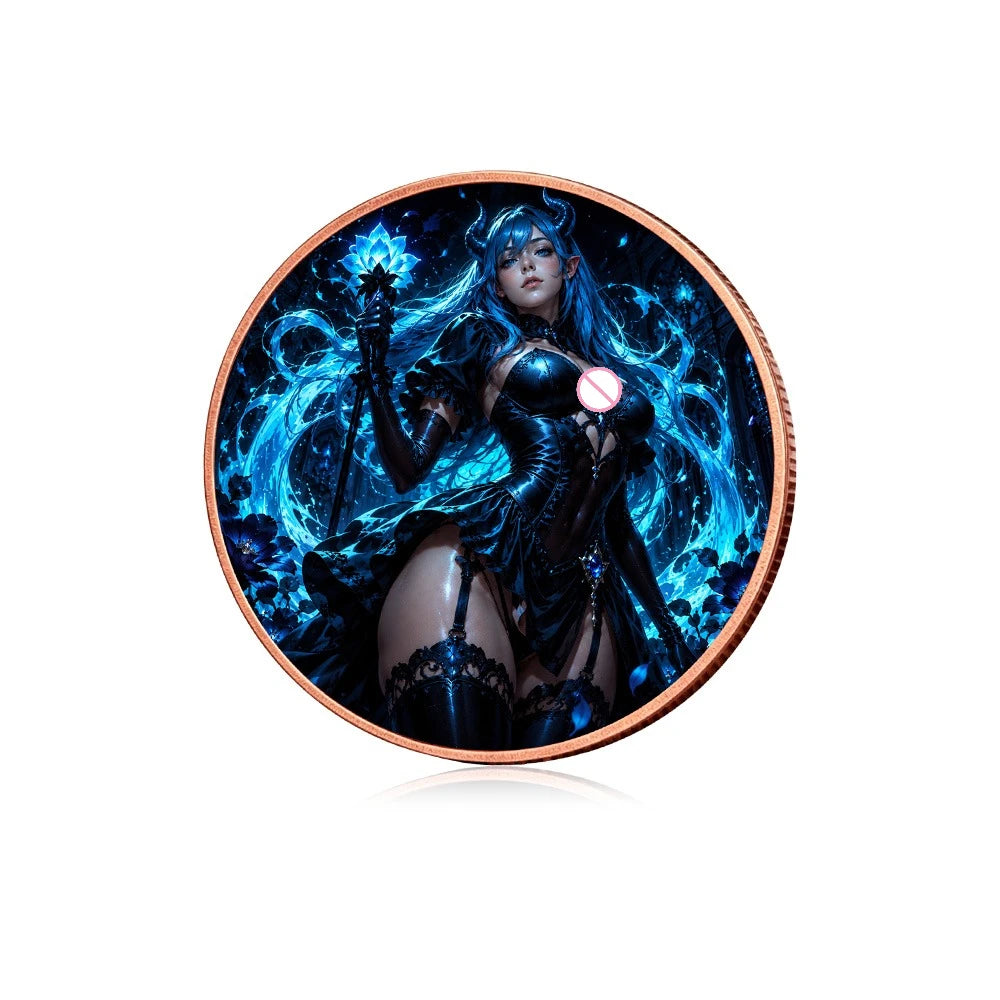 A dark-haired fantasy witch figure with glowing blue magical energy is depicted on a copper challenge coin.