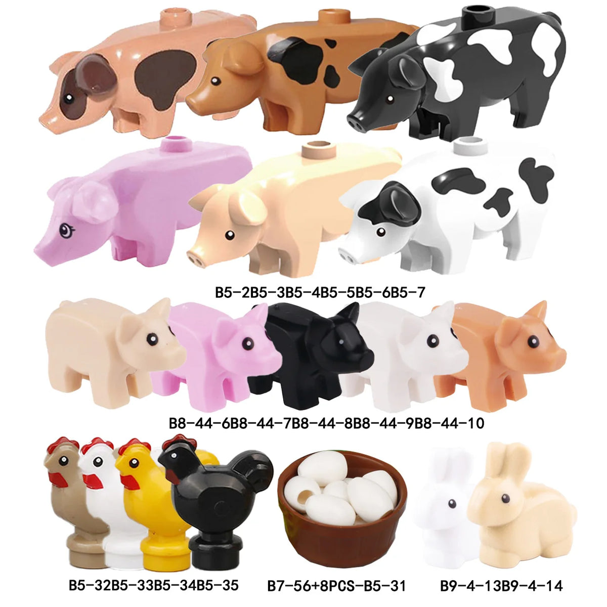 A collection of marine animal building blocks including a shark, octopus, whale, and other sea creatures in various colors.