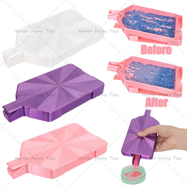 Before and after comparison of a diamond painting tray showing the transformation from white to purple and pink colors.