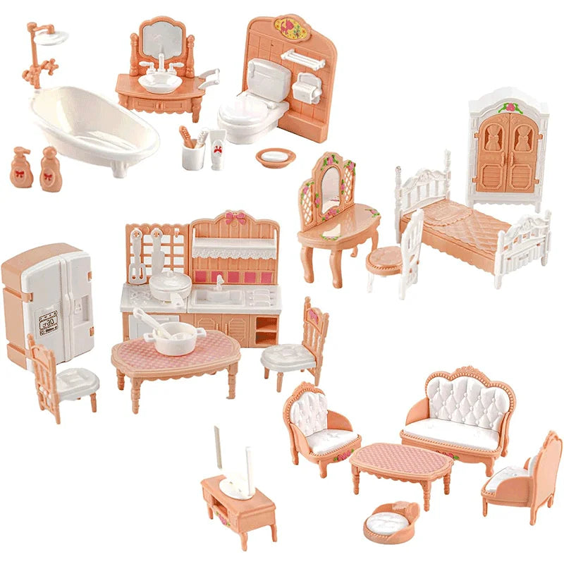 Dollhouse Furniture Set for Pretend Play – 3-Room Miniature Collection