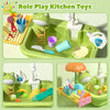Role Play Kitchen Toys featuring a green play sink with various kitchen tools and food items.