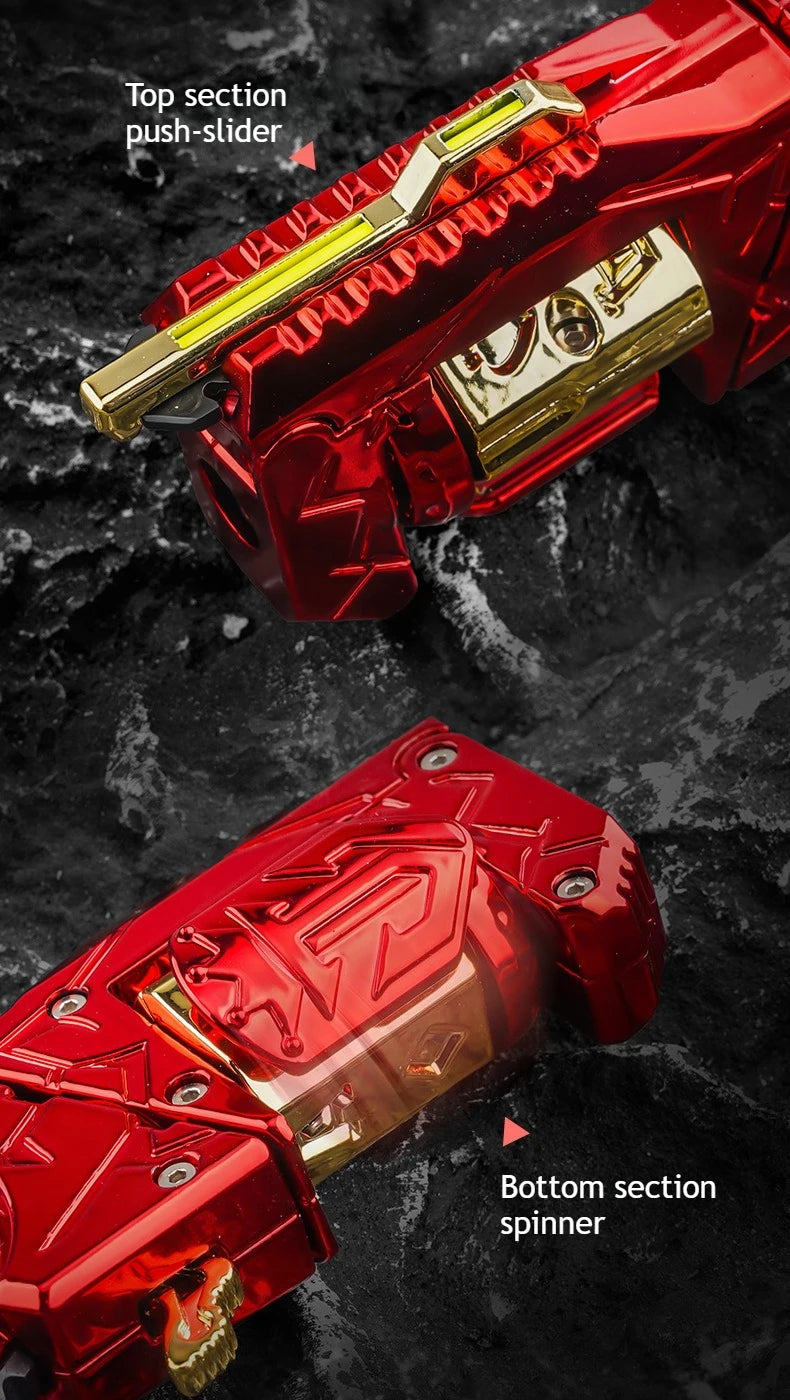 Close-up view of a red alloy fidget toy gun showing the top section push-slider and bottom section spinner.