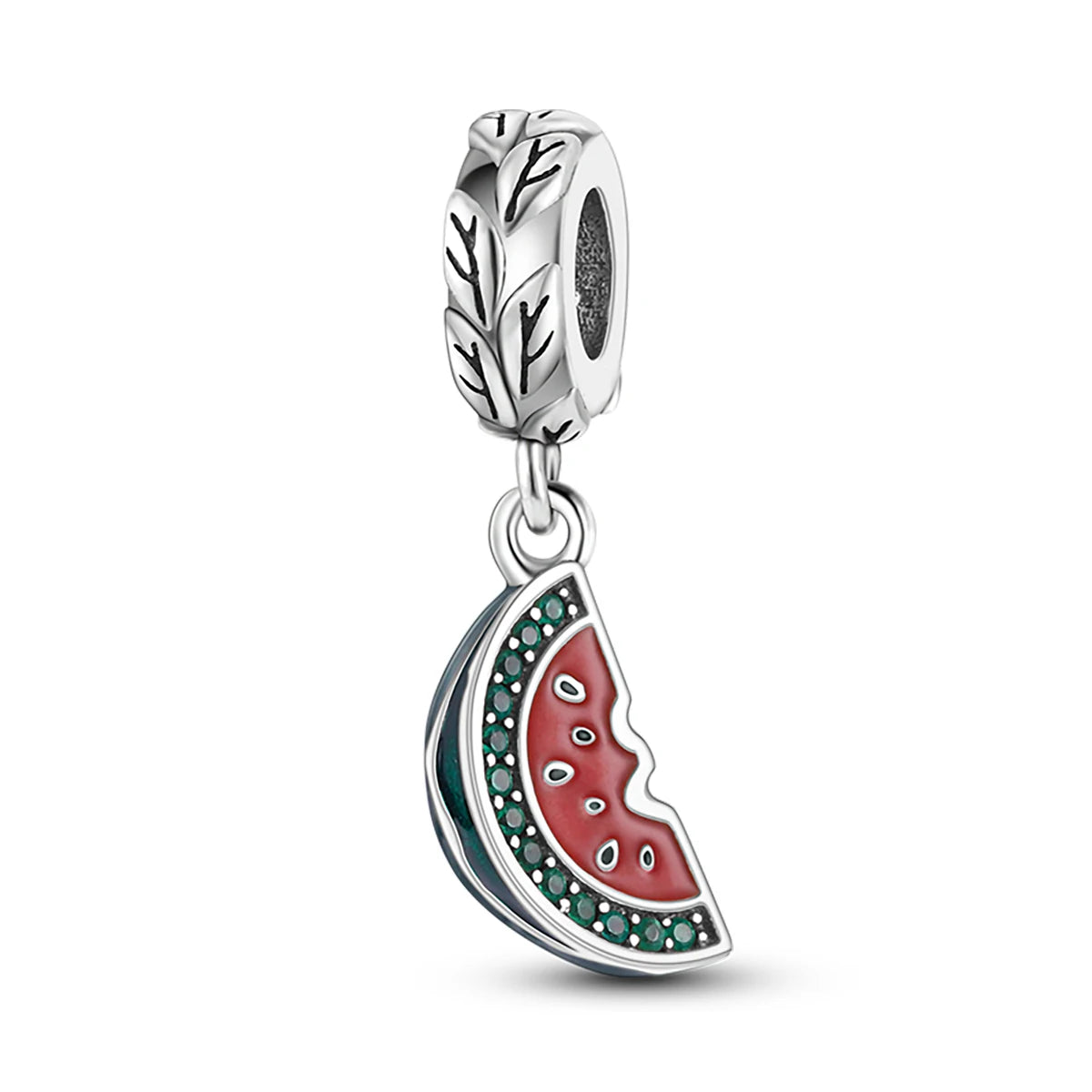 A silver fruit charm bead featuring a cross-section of a watermelon slice with green rind and red flesh.