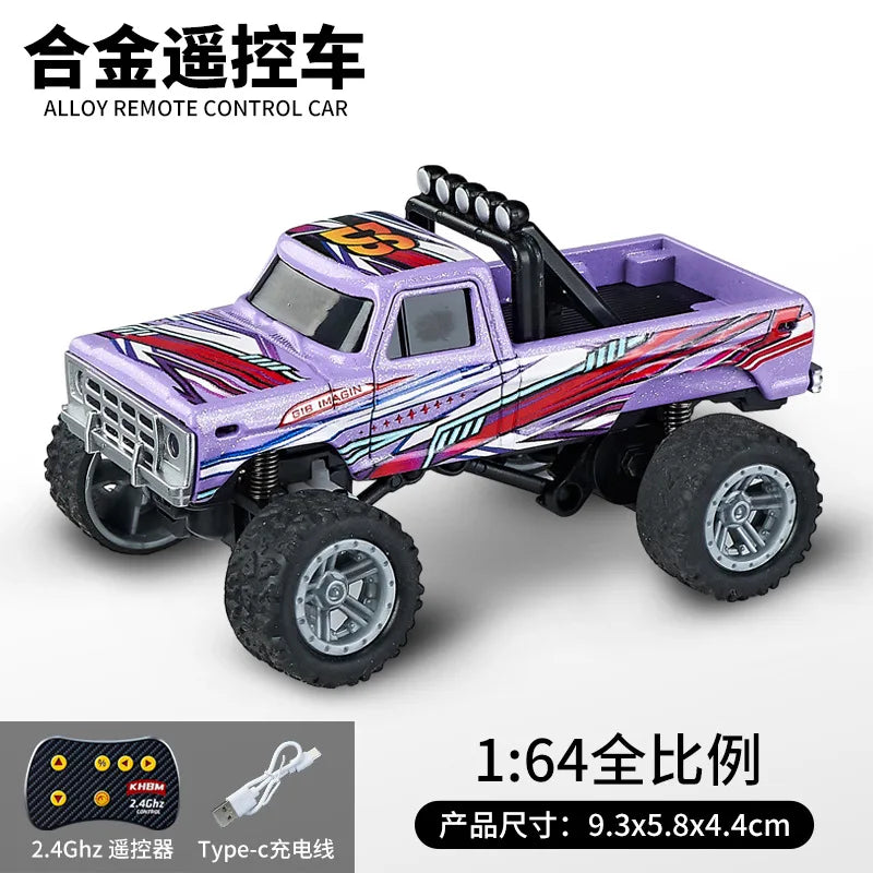 A purple and red 1:64 scale alloy remote control monster truck with black tires and LED lights.