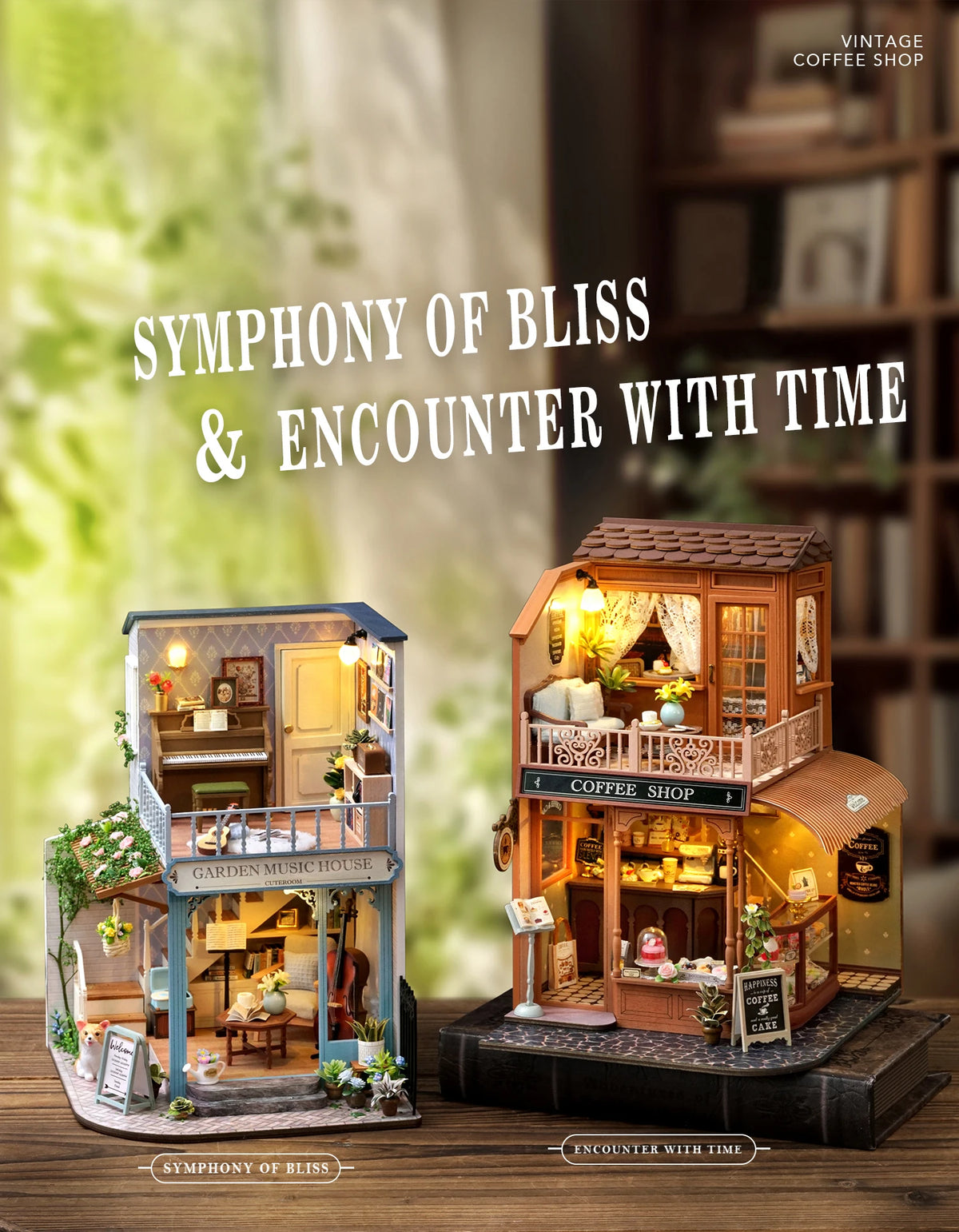 A detailed wooden miniature dollhouse kit featuring a coffee shop and garden house with LED lighting.