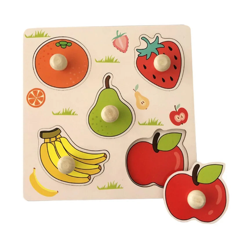 A wooden puzzle board featuring various fruit shapes like an orange, strawberry, pear, and apple for toddlers.