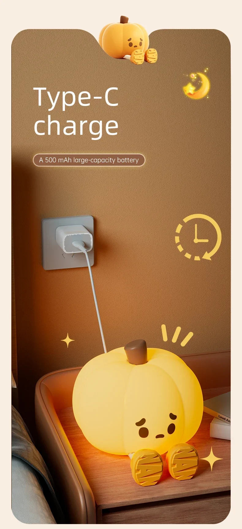 A yellow pumpkin-shaped LED night light with touch control is shown next to a Type-C charging setup.