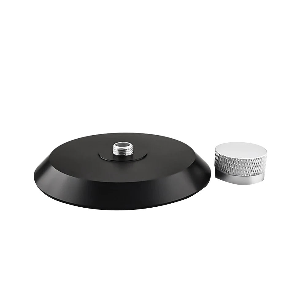 Black aluminum alloy record stabilizer with a silver threaded cap