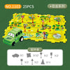 A yellow puzzle map featuring various railroad elements and a green electric train car model.
