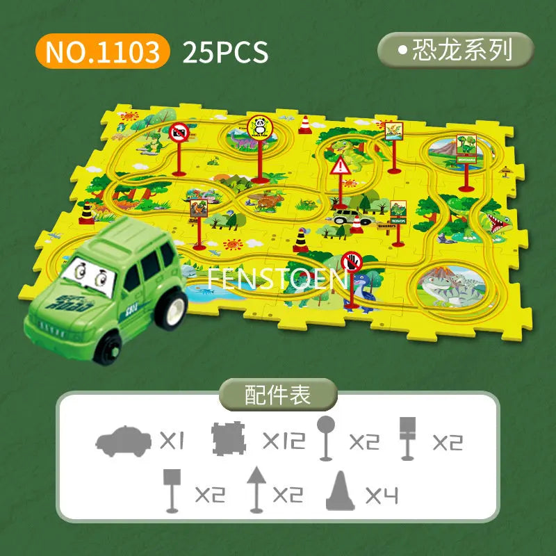 A yellow puzzle map featuring various railroad elements and a green electric train car model.