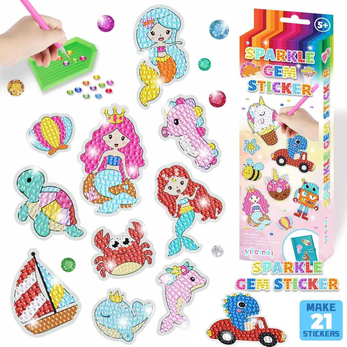 A colorful sticker kit featuring various sparkly gems and characters for kids.