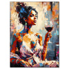 A vibrant painting of an African woman holding a glass of red wine, rendered in thick brushstrokes.