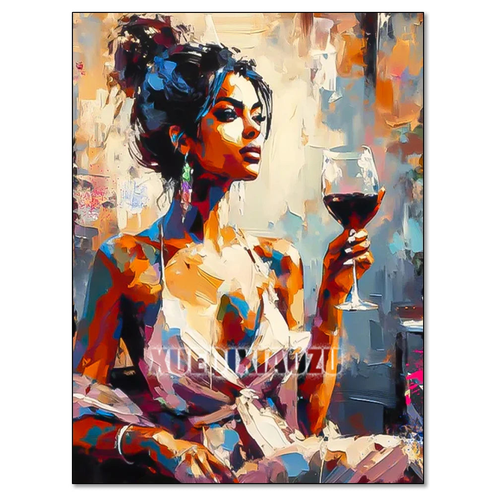A vibrant painting of an African woman holding a glass of red wine, rendered in thick brushstrokes.