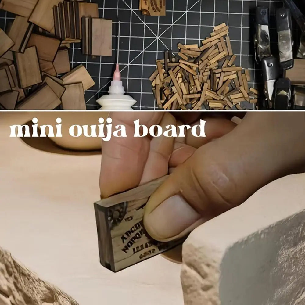 A close-up of a mini Ouija board being held by a hand, showing the wooden letters and markings.