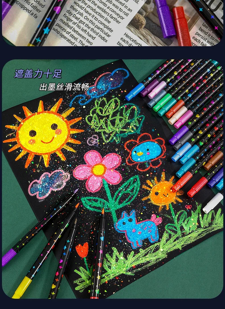 A collection of dual brush tip art markers with metallic glitter finishes, including a sun, flower, and a rabbit design.