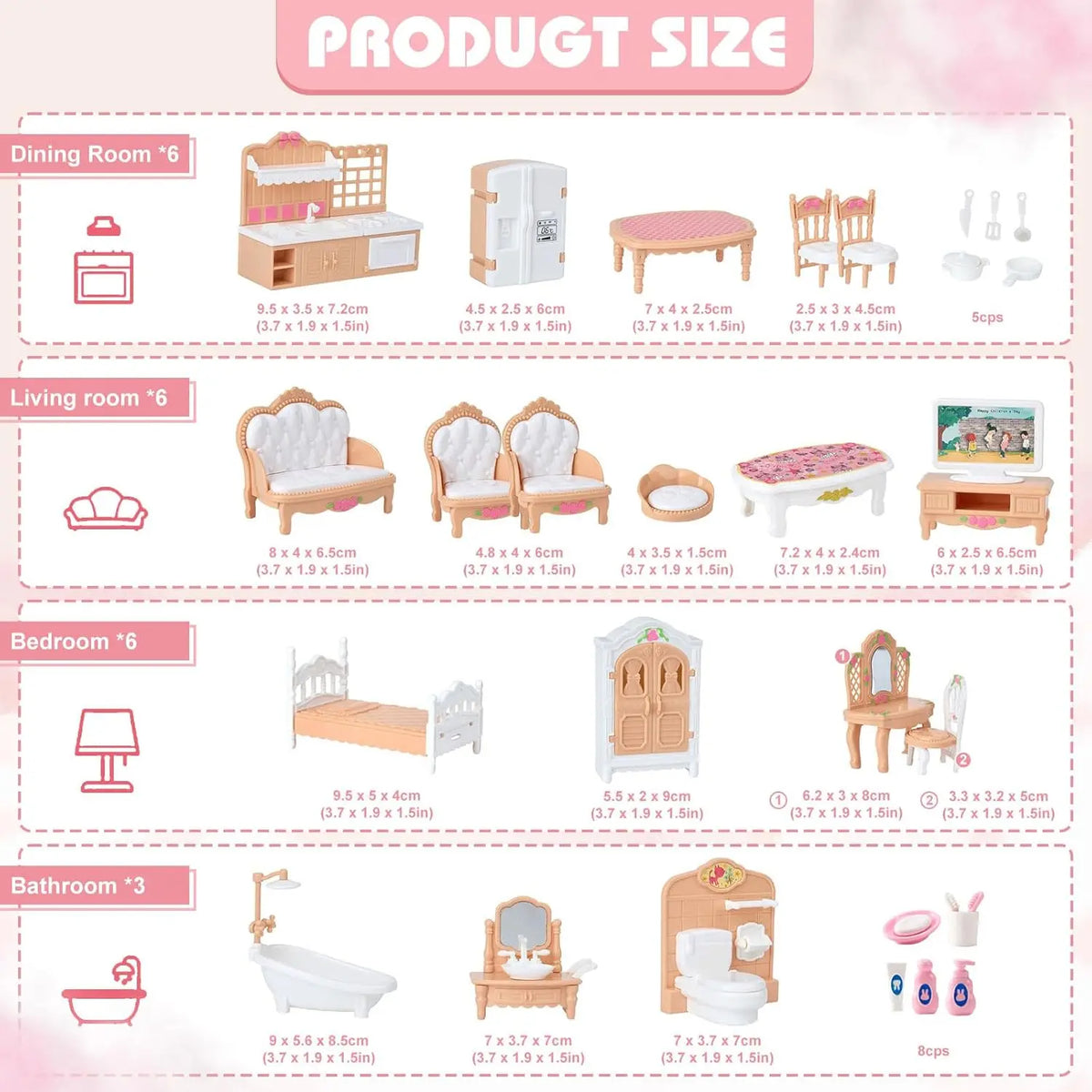 Dollhouse Furniture Set for Pretend Play – 3-Room Miniature Collection