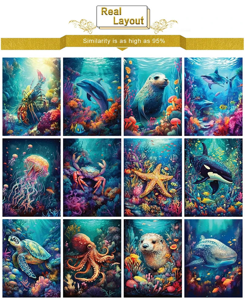 A grid of nine colorful paintings featuring various ocean animals like dolphins, sea turtles, and sea creatures.