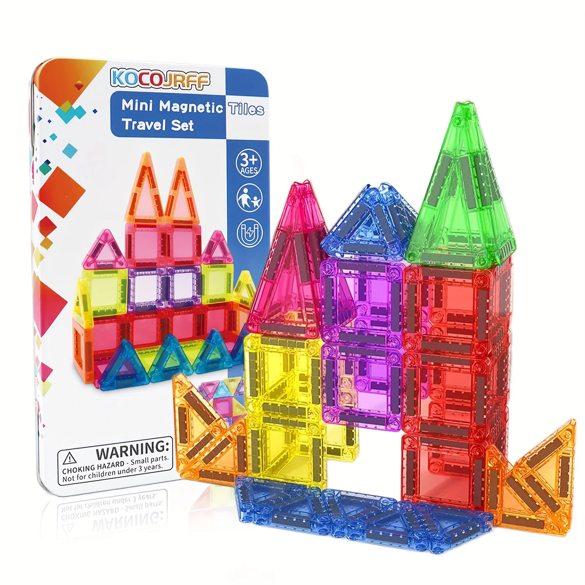 Ein Set bunter Mini-Magnetsteine in verschiedenen Formen und Farben zum Bauen von Strukturen.