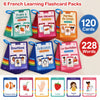 Six packs of French learning flashcards featuring themes like fruits, emotions, and animals.