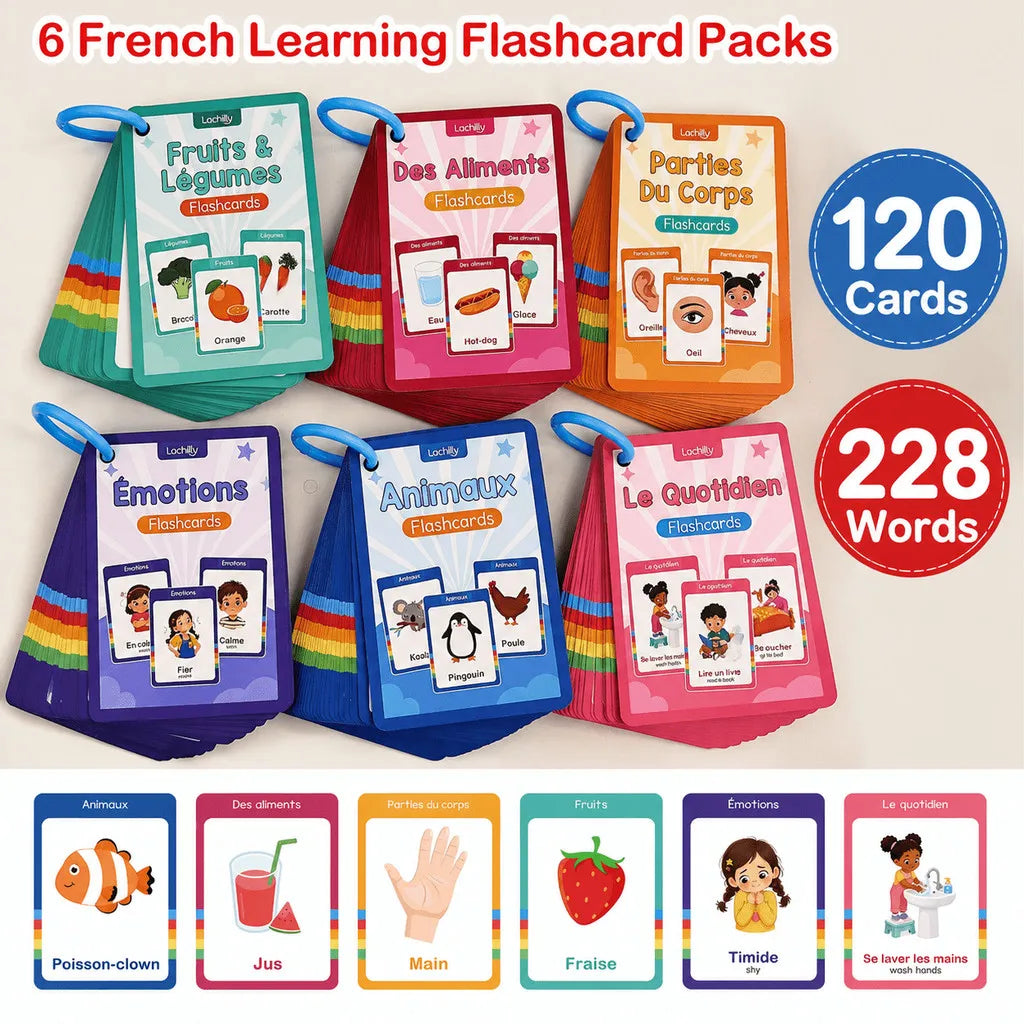 Six packs of French learning flashcards featuring themes like fruits, emotions, and animals.