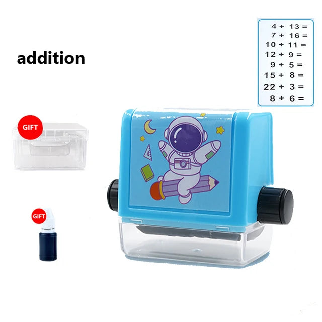 A blue roller stamp for math practice showing addition equations and a small ink bottle.