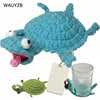 A handwoven crochet blue lizard figurine and a green lizard on a white tag.