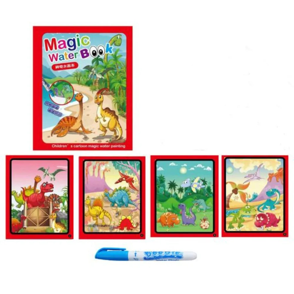 A red and green box for a Magic Water Book with a magic pen and illustrations of dinosaurs and nature scenes.