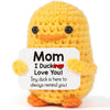 Handmade crochet sunflower pot doll in yellow with orange accents, saying I Ducking Love You!