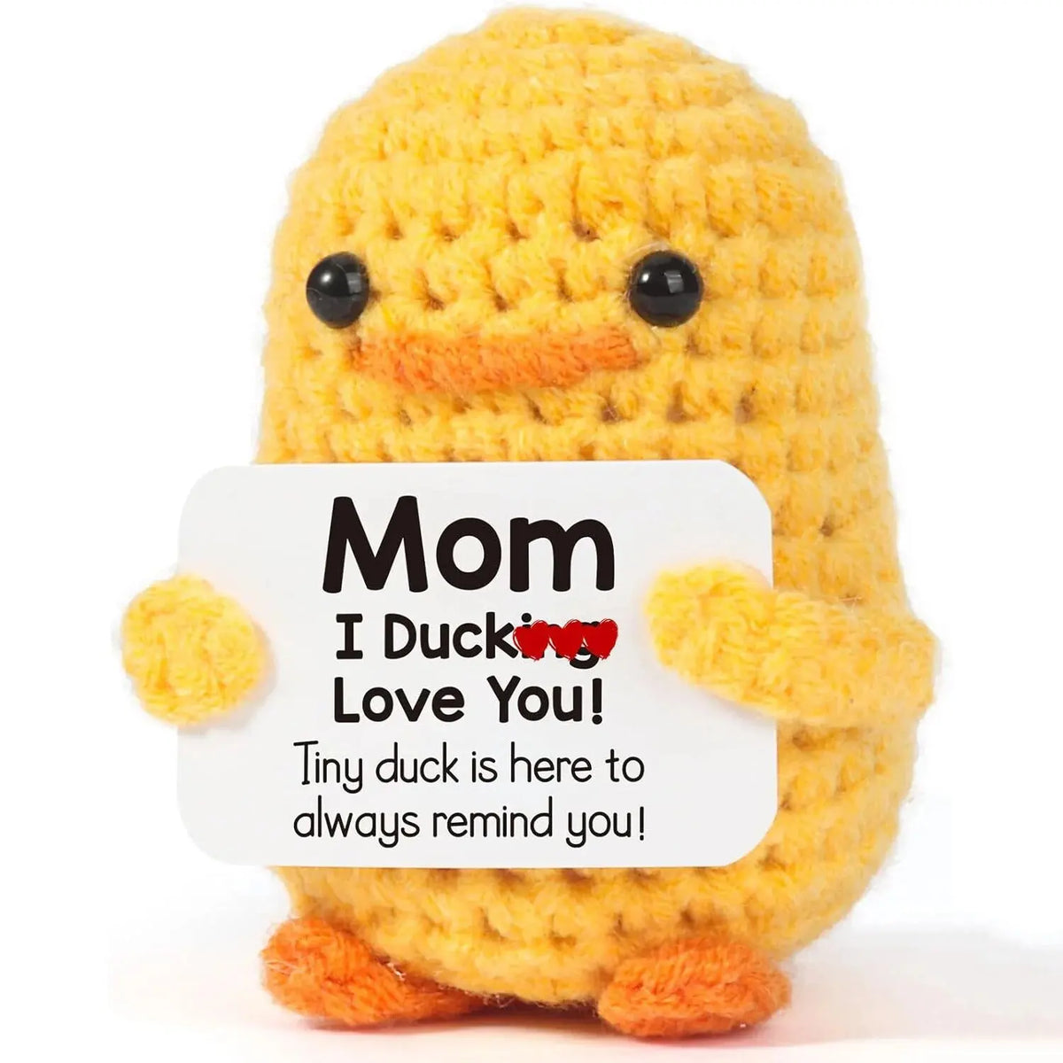 Handmade crochet sunflower pot doll in yellow with orange accents, saying I Ducking Love You!