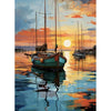 A vibrant oil painting depicting sailboats on the water during sunset with warm orange and yellow tones.