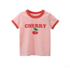 A pink short-sleeve cotton t-shirt for girls with the word CHERRY and a small red apple graphic printed on the chest.