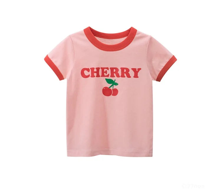 A pink short-sleeve cotton t-shirt for girls with the word CHERRY and a small red apple graphic printed on the chest.