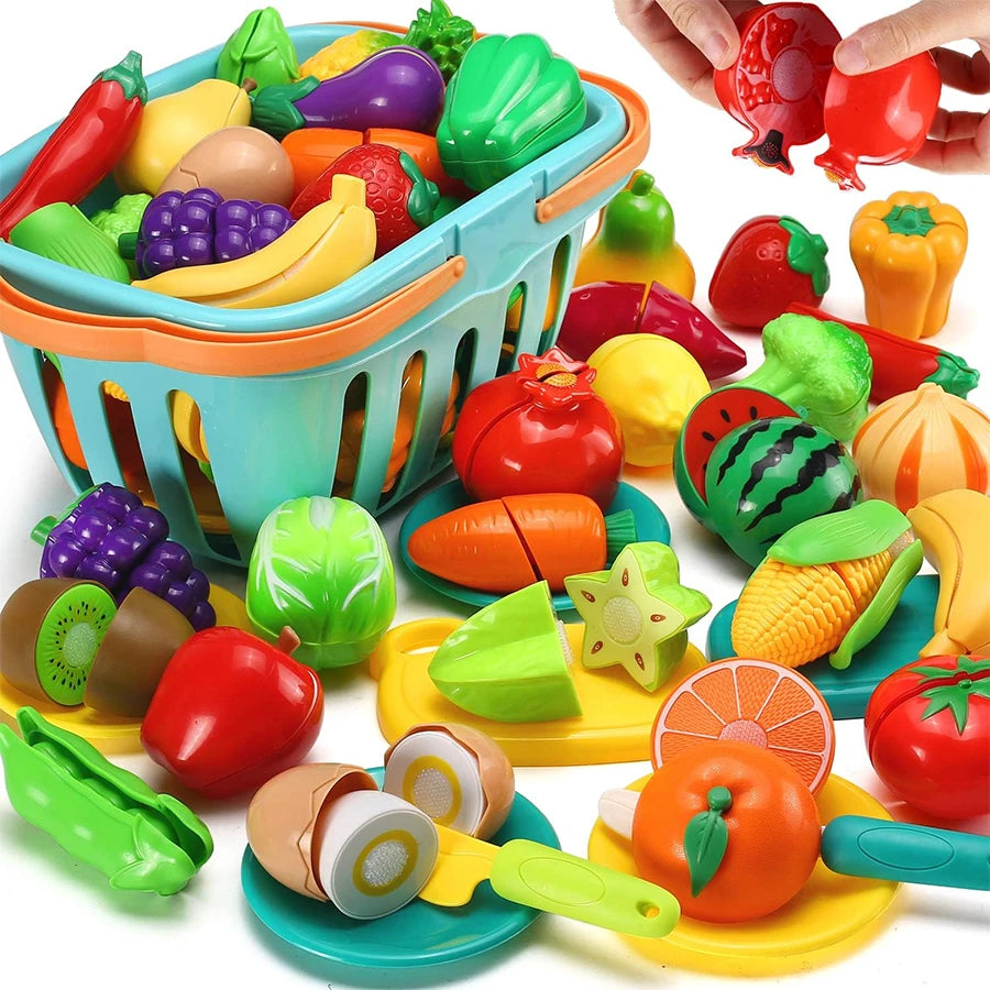 Pretend Play Food Cutting Set with Storage Basket for Kids