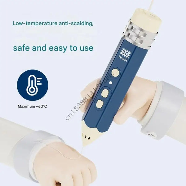 A hand is holding a blue 3D printing pen with a white tip, demonstrating its safe and easy to use features.