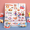 A wooden animal and shape jigsaw puzzle featuring farm animals like a cow, chicken, and tractor.