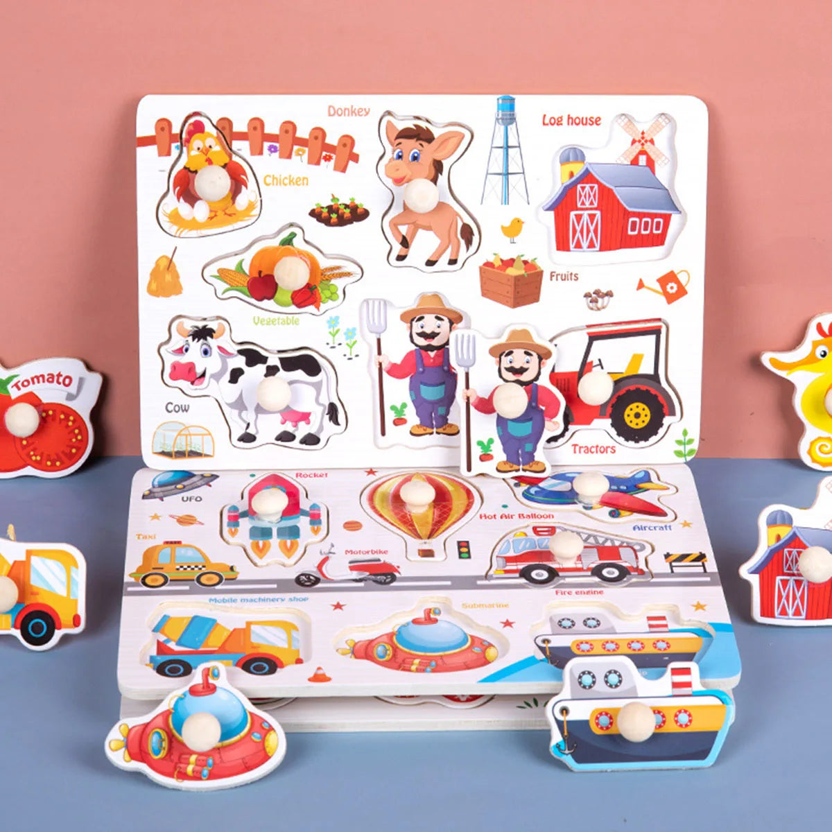 A wooden animal and shape jigsaw puzzle featuring farm animals like a cow, chicken, and tractor.