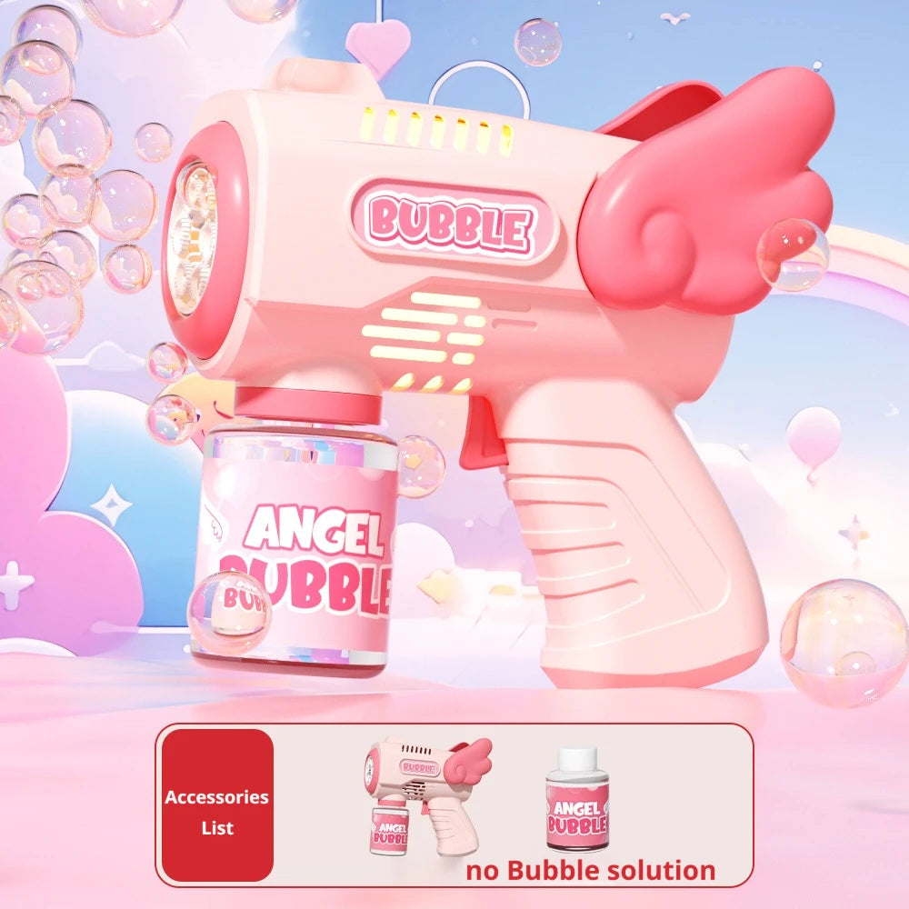 A pink electric bubble gun is shown with accessories and a bottle of Angel Bubble solution.