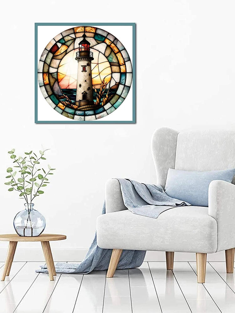 A framed jigsaw puzzle depicting a coastal lighthouse scene with warm sunset colors.