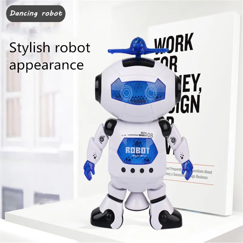 A white and black dancing robot with blue accents is displayed on a white surface.