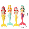 A set of four mermaid dive toys featuring female figures in various hair colors and scales for pool fun.