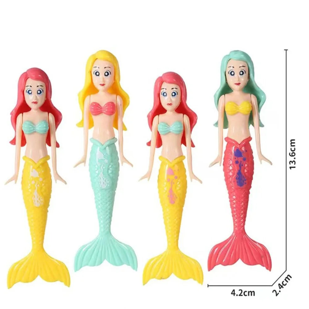 A set of four mermaid dive toys featuring female figures in various hair colors and scales for pool fun.