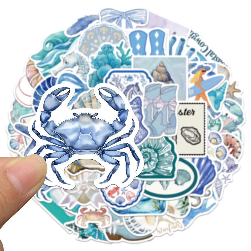 A circular sticker pack featuring various ocean-themed illustrations including crabs, shrimp, sea creatures, and marine eleme