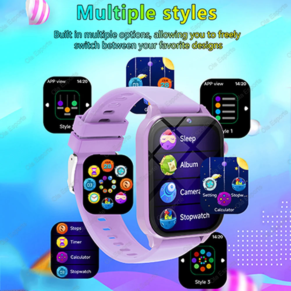A purple kids smart watch with multiple styles and features like sleep, camera, and stopwatch displayed on the screen.